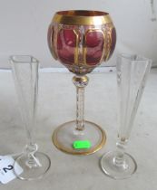 A quality red and gilt glass and two spill vases (slightly a/f)