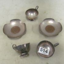 A pair silver dishes with Britannia coin and three small cups