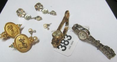 A Rotary marcasite cocktail watch and another ladies watch and some earrings