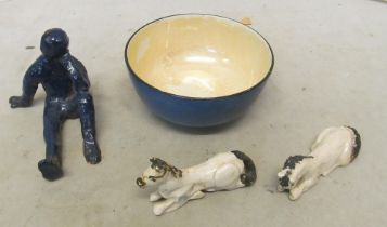 A bowl, pottery figure of man and two horses