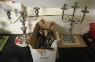 Two plated candlesticks and other plated items