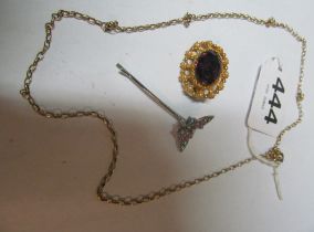 A gold coloured chain, brooch and butterfly hair grip