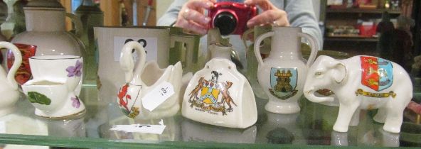 Various crested china and a crinoline lady