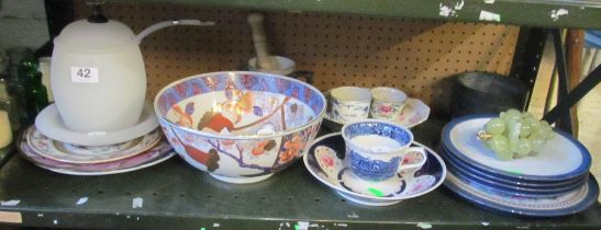 Some decorative ceramics; large jug, Imari bowl, pestle and mortar et cetera