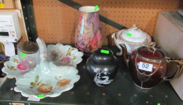 A teapot, lidded glass preserve, tureen, vase, Crown Devon ginger jar and three division dish (