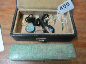 Two rings, a small group costume jewellery and a shagreen style box
