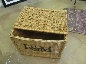 A large Fortnum & Mason wicker hamper basket (missing hinges and one strap)