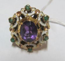 A 9ct gold amethyst, emerald and enamel ring (colours of Suffragette Movement)