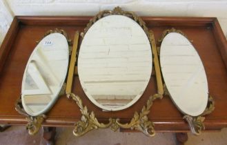 A vintage bed tray, Lloyd Loom linen basket and a triple dressing table mirror with label Arthur