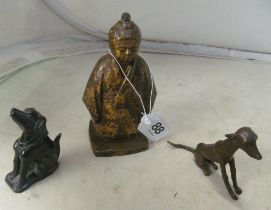 A hardstone dog ornament, bronze dog and metal figure Japanese boy