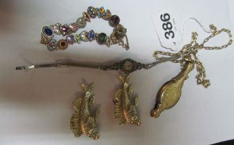 A lorgnette on chain, silver marcasite watch and other items