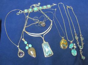 ALM Soho necklace, pendant on wire, bracelet blue stones, silver pendant blue stones and heart and