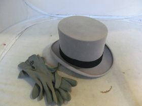 A grey Hillhouse & Co. Top Hat in box and pair of gloves