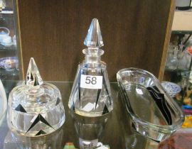 A glass tray, scent bottle and jar and two other glass items