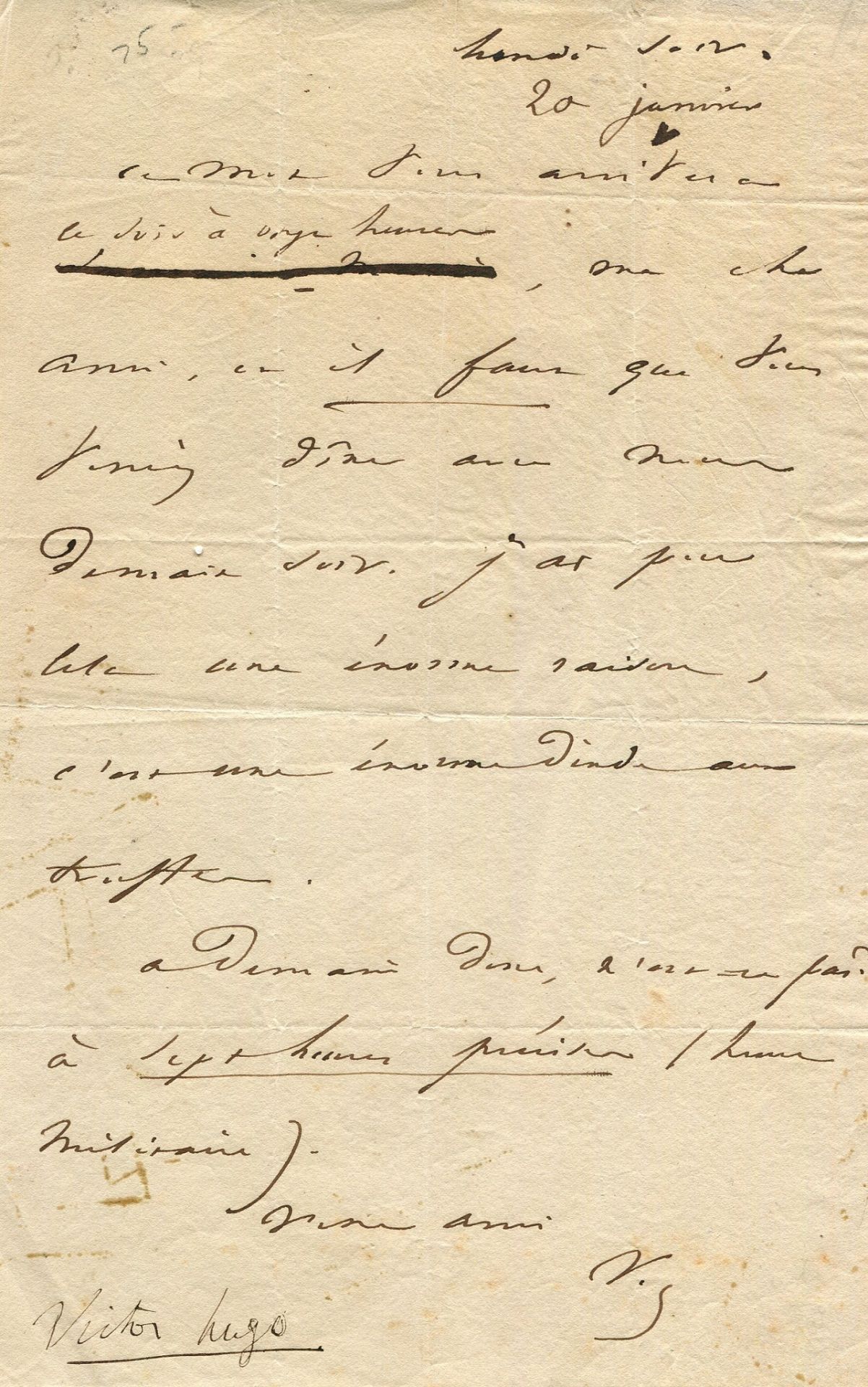 HUGO VICTOR: (1802-1885) French Poet and Novelist. A.L.S., with his initials `V.H.