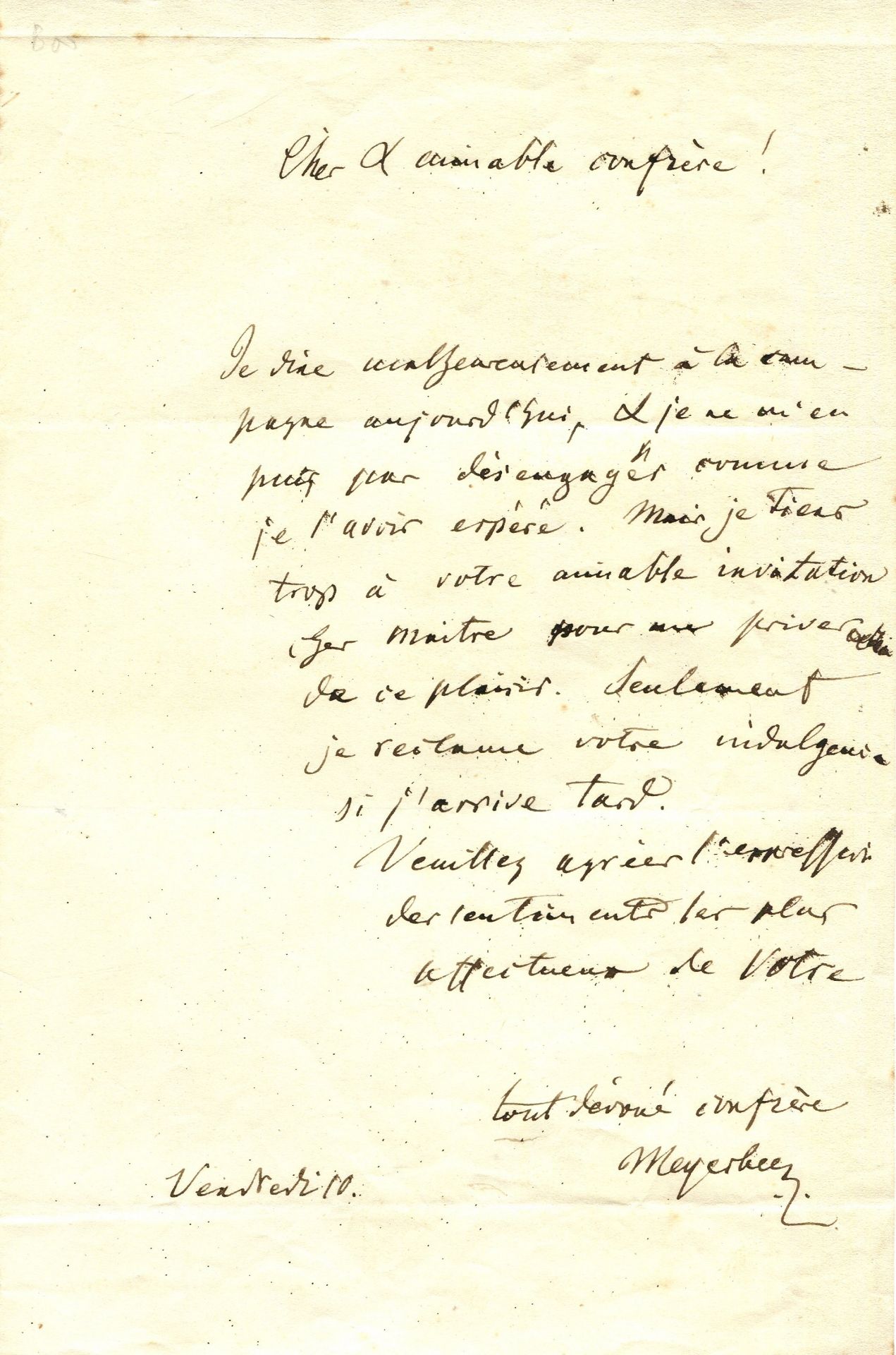 MEYERBEER GIACOMO: (1791-1864) German Composer. A.L.S., `Meyerbeer´, one page, 8vo, n.p.