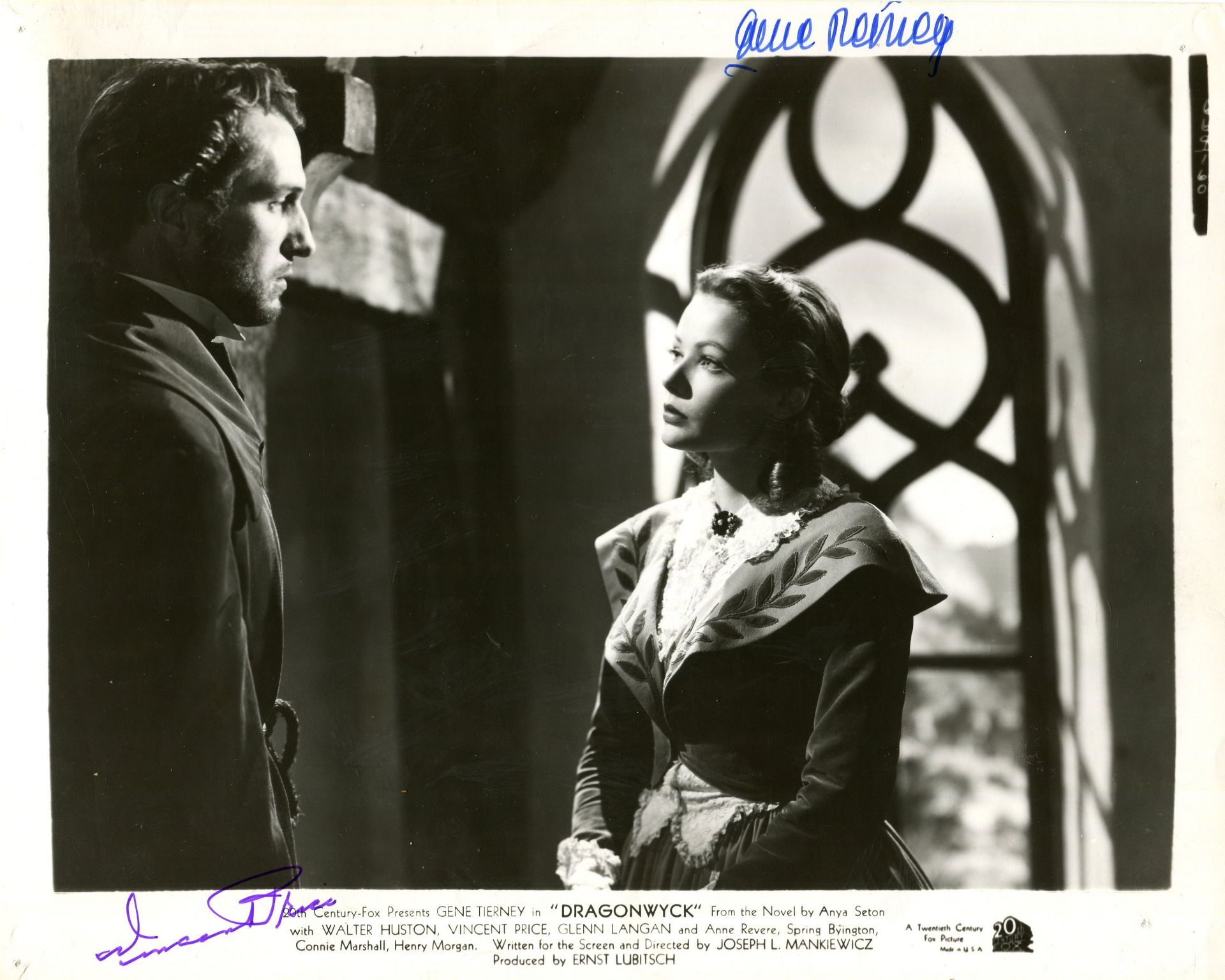 DRAGONWYCK: Signed 10 x 8 photograph by both Gene Tierney (Miranda Wells) and Vincent Price