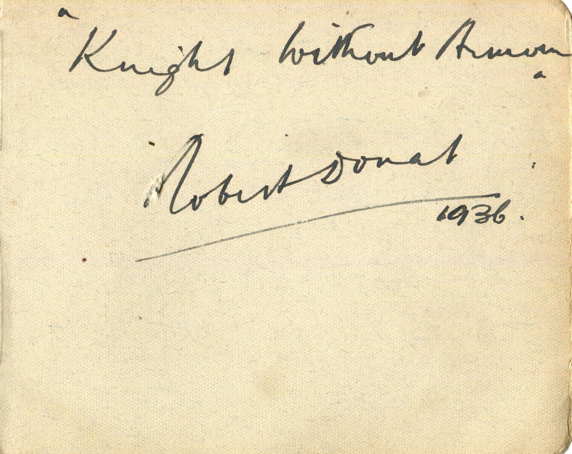 KNIGHT WITHOUT ARMOUR: An unusual pair of vintage black fountain pen ink signed album pages by