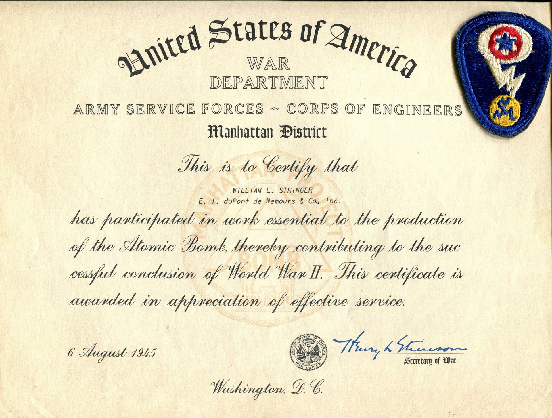 [MANHATTAN PROJECT]: A rare original United States of America war department diploma, one page,