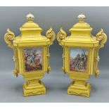 A pair of Sevres porcelain covered two handled vases, each decorated with a reserve upon a yellow