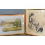 John Heseltine, River Landscape, Watercolour Signed, 33cm by 49cm, together with a nude study by the