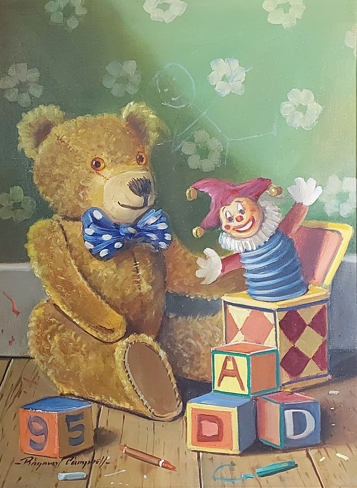 Raymond Campbell, Teddy Bear With jack in the Box, oil on canvas signed, 39.5cms by 29.5cms