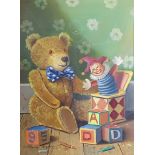 Raymond Campbell, Teddy Bear With jack in the Box, oil on canvas signed, 39.5cms by 29.5cms