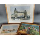 George Fanshawe, Tower Bridge and The City From Butlers Wharf, lithograph hand coloured in pastel,