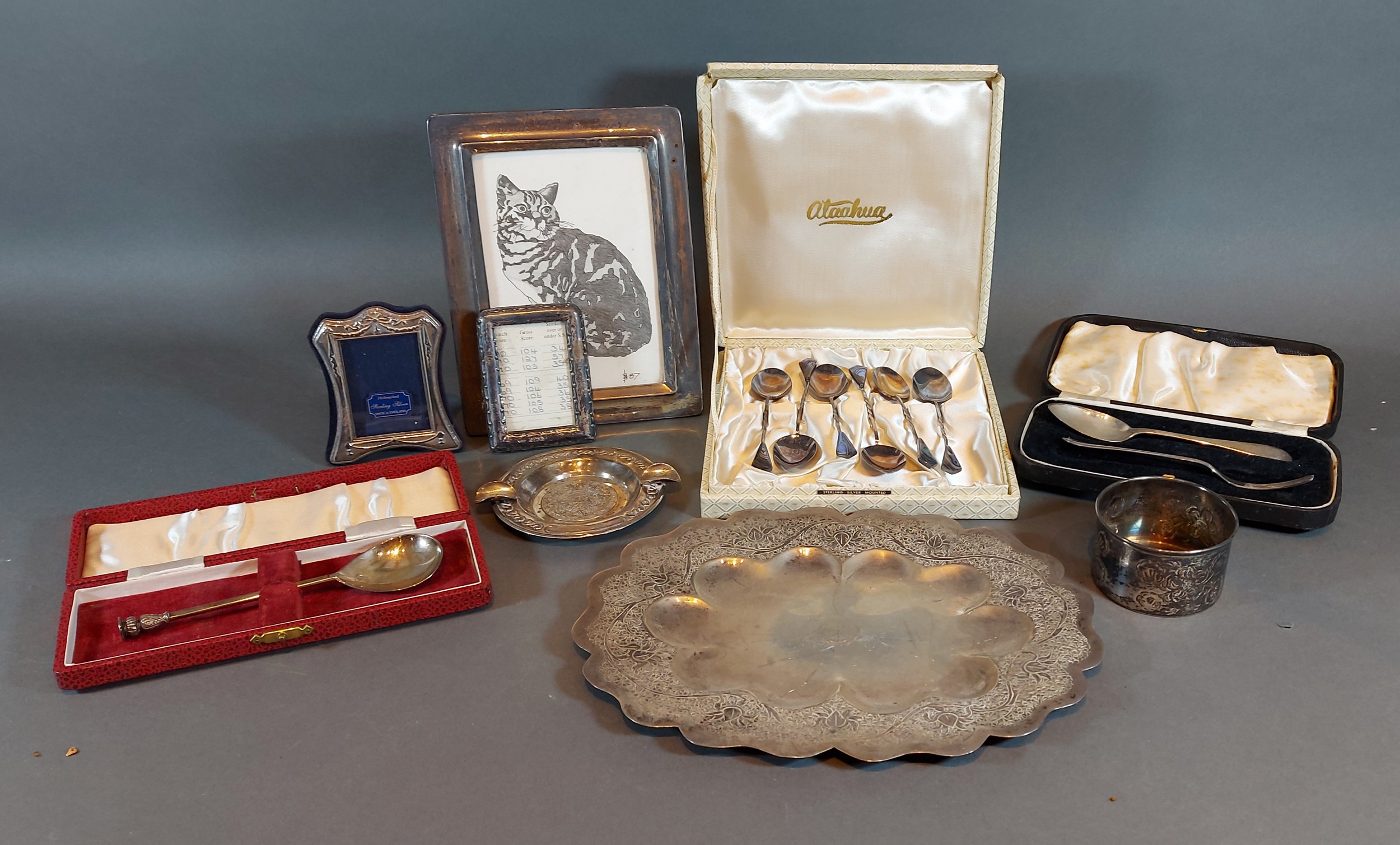 A Sheffield silver christening pair in fitted case together with a set of six Sterling silver