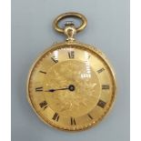 An 18ct gold pocket watch, the engraved dial with Roman numerals, 31.1 grams inclusive