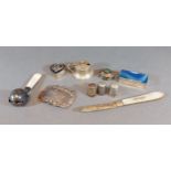 Three 925 silver pill boxes together with a silver mustard, three thimbles, a silver decanter label,