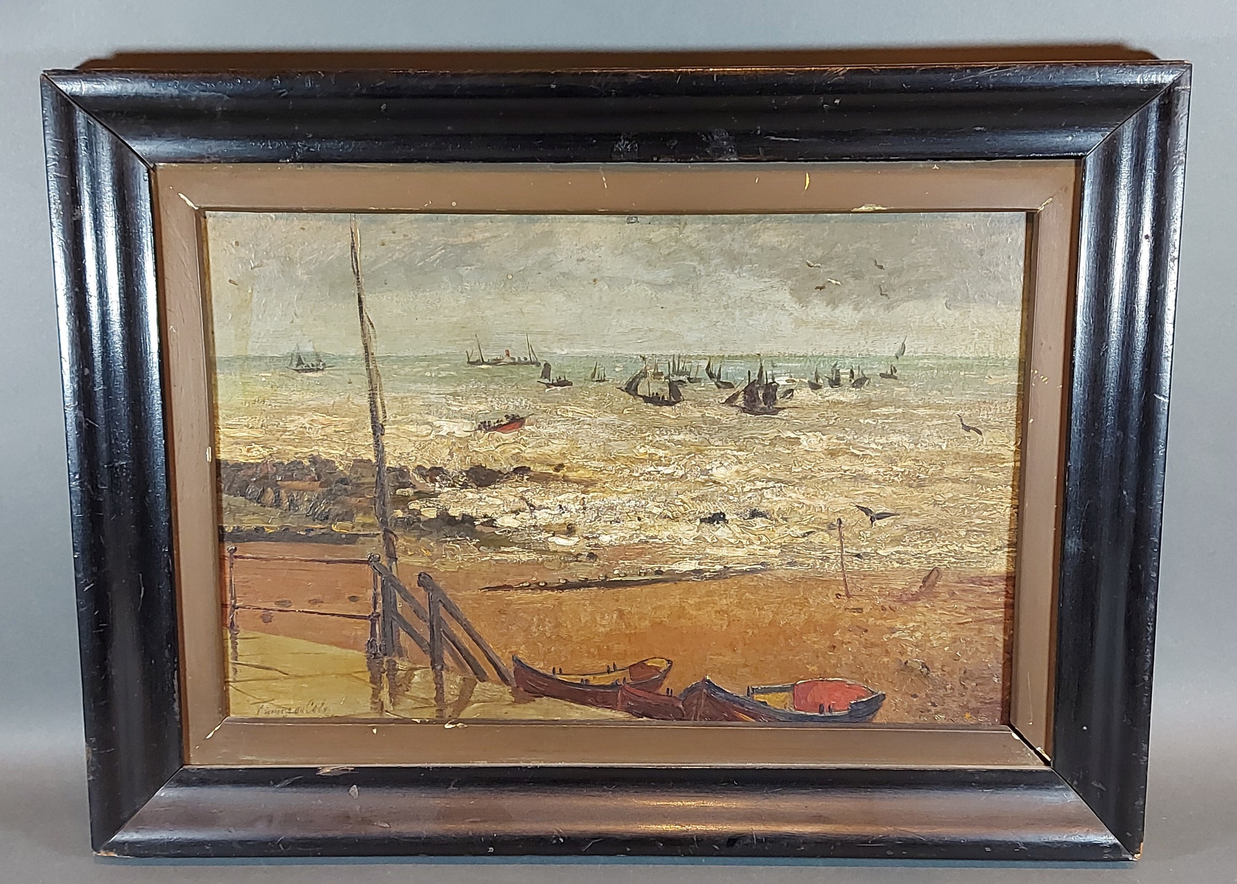 Tennyson Cole, coastal scene with boats, oil on canvas, signed, 29cms x 44cms - Image 2 of 3