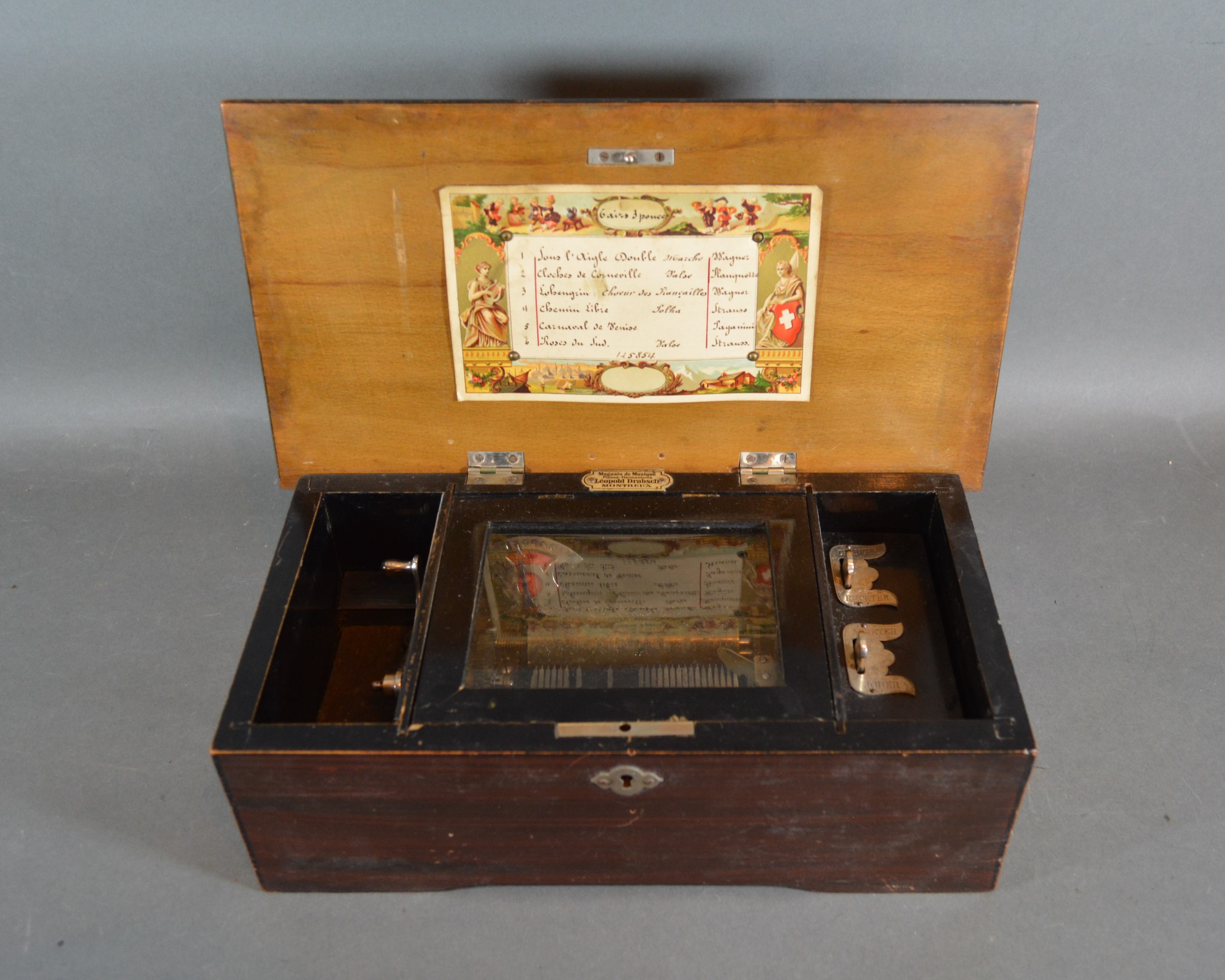 A 19th Century Swiss music box by Leopold Drabsch, with painted case and playing six airs, 18cms