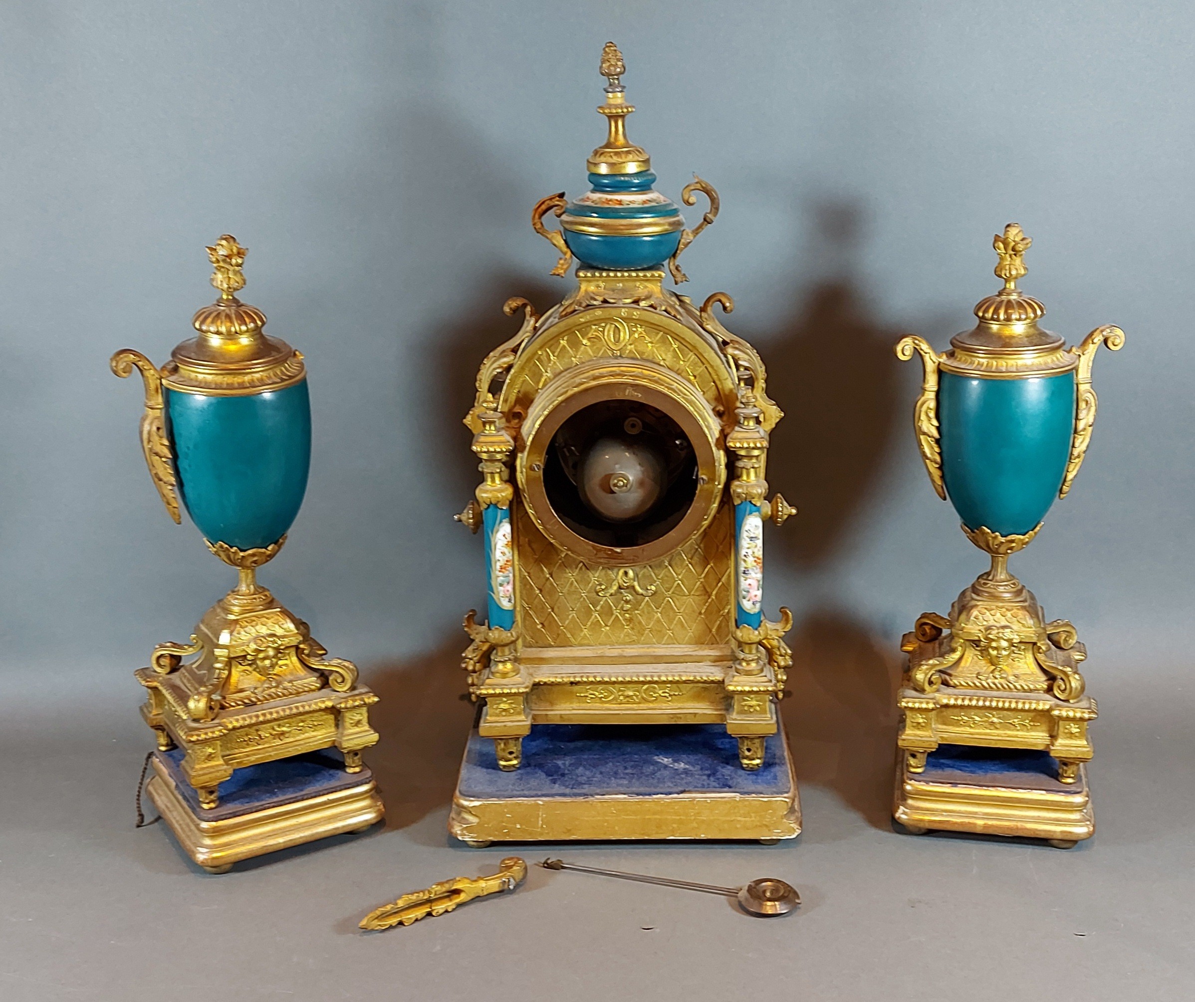 A French spelter and porcelain mounted three piece clock garniture, the clock with two train - Image 3 of 3