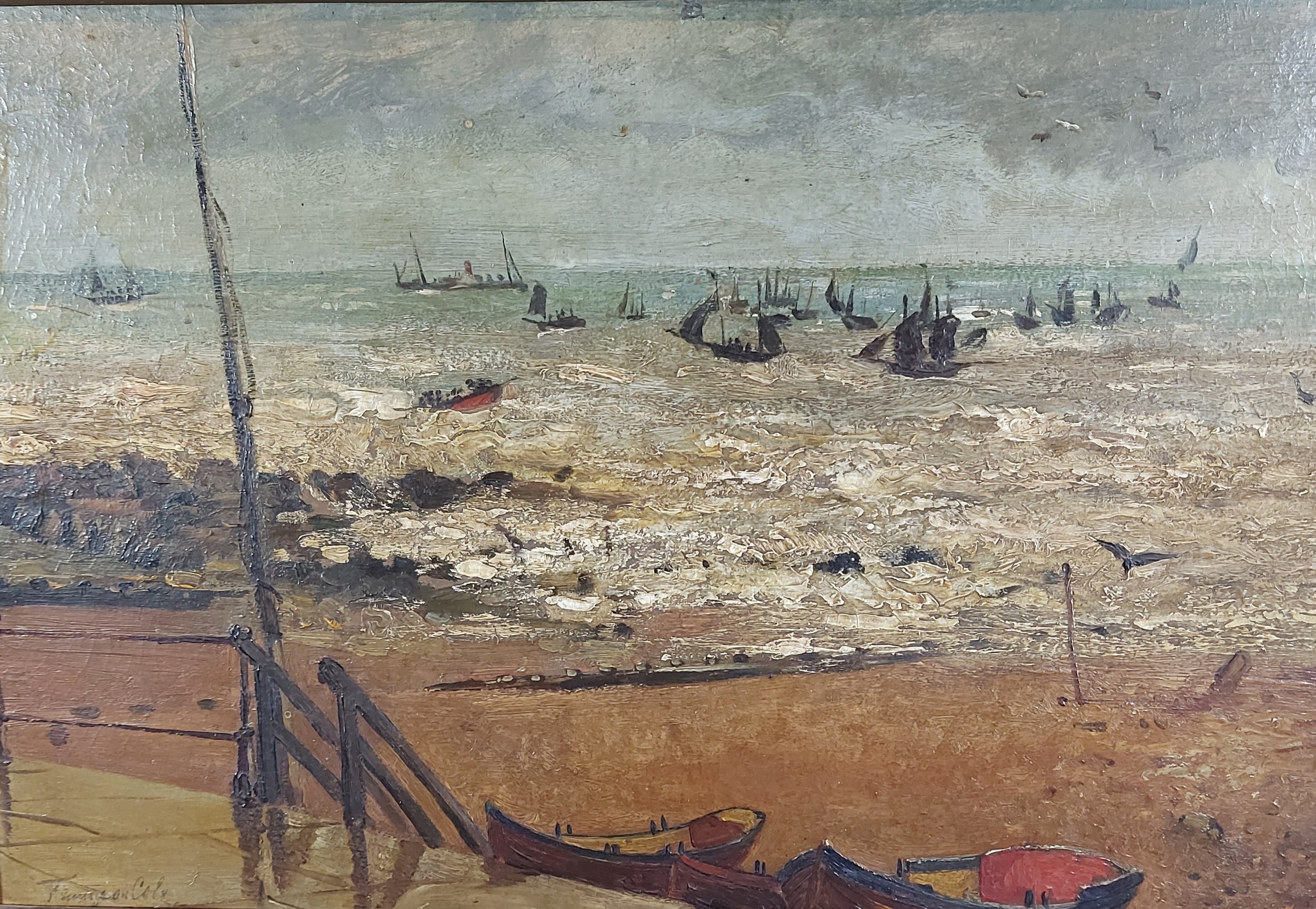 Tennyson Cole, coastal scene with boats, oil on canvas, signed, 29cms x 44cms