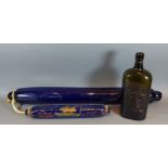 A 19th century blue glass rolling pin with presentation dated 1858, together with another similar