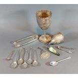 A Birmingham silver trophy cup together with other items of silver to include sugar tongs and a