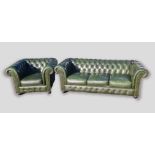 A Chesterfield green buttoned leather upholstered sofa together with a matching chair