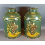 A pair of Toleware covered cannisters, each gilded with figures upon a green ground, 36cms tall