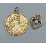 A 9ct gold St. Christopher pendant together with a 9ct gold pendant of heart form set single