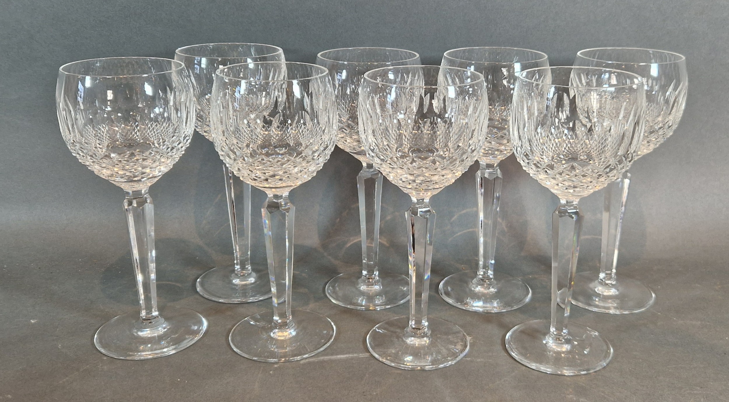 A set of eight Waterford crystal Colleen pattern hock glasses, 18.5cm tall