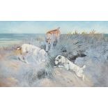 Indistinctly signed, three dogs on a beach, oil on canvas, 29cms x 45cms