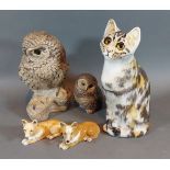 A Poole Pottery stoneware model of an owl by Barbara Linley Adams together with another similar