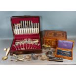 A 19th Century inlaid workbox together with a canteen of cutlery, various drawing instruments and