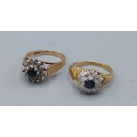 An 18ct gold sapphire and diamond cluster ring, 3gms, ring size I together with a 9ct gold