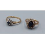 A 9ct gold diamond and sapphire cluster ring, 2.4gms, ring size J together with another 9ct gold