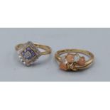 A 9ct gold diamond and amethyst cluster ring of square form, 1.9gms, ring size L together with a 9ct