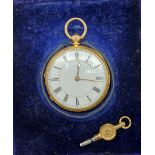 An 18ct gold pocket watch, the enamel dial with Roman Numerals and with engraved case complete