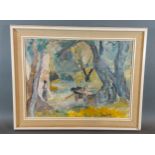 Ronald Ossory Dunlop, a wooded landscape with figure and cart on a track, oil on canvas, signed,