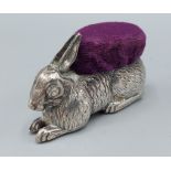 A Birmingham silver pin cushion in the form of a rabbit